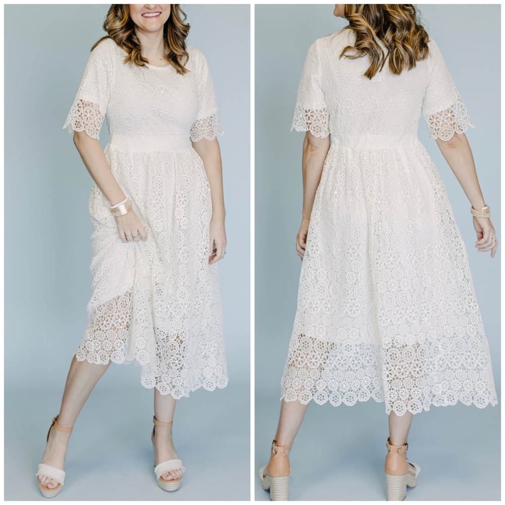 LAST 1❗️POLAGRAM White Embroidery Crochet Midi Dress
